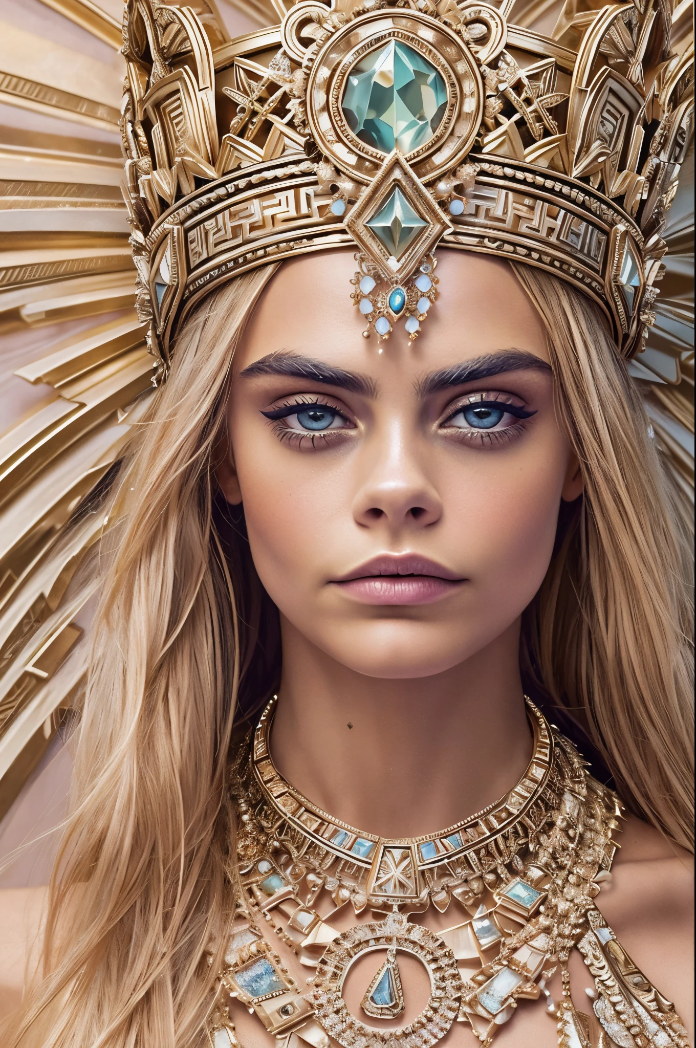 "Imagine an AI-generated masterpiece that transforms Cara Delevingne into a modern interpretation of a Greek goddess. Envision her draped in ethereal robes adorned with contemporary yet mythically inspired patterns. Picture her with a regal crown that seamlessly blends modern fashion with ancient Grecian elegance. Surround her with an aura of celestial light, as if she embodies the essence of a deity. Incorporate subtle nods to her distinctive features and personality, merging the worlds of high fashion and divine mythology. The final image should be a captivating blend of classical grace and contemporary allure, showcasing Cara Delevingne as a goddess for the modern age."