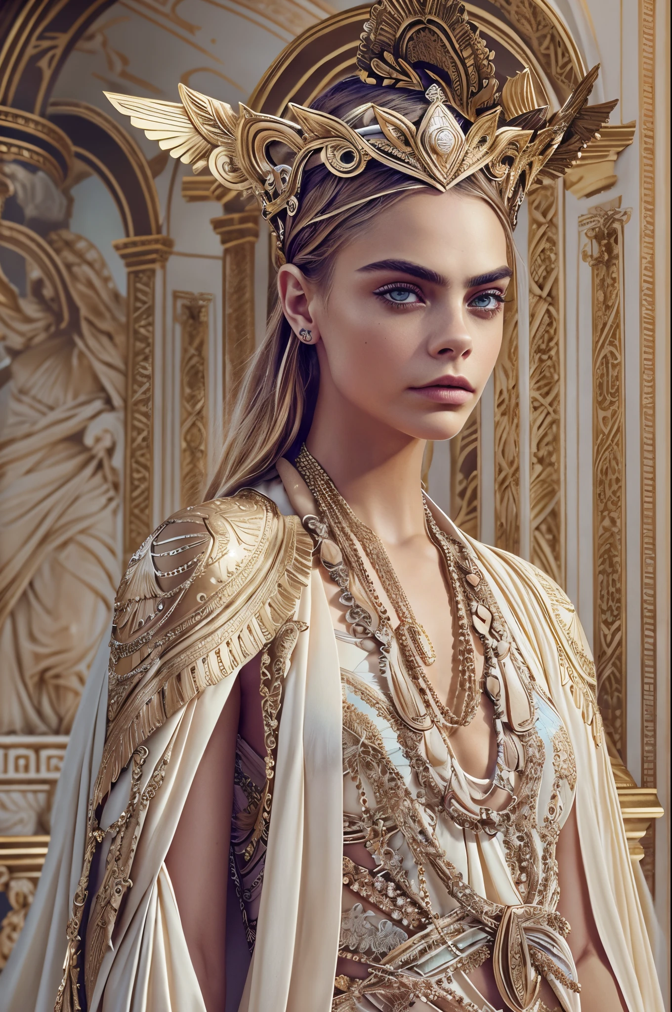 "Imagine an AI-generated masterpiece that transforms Cara Delevingne into a modern interpretation of a Greek goddess. Envision her draped in ethereal robes adorned with contemporary yet mythically inspired patterns. Picture her with a regal crown that seamlessly blends modern fashion with ancient Grecian elegance. Surround her with an aura of celestial light, as if she embodies the essence of a deity. Incorporate subtle nods to her distinctive features and personality, merging the worlds of high fashion and divine mythology. The final image should be a captivating blend of classical grace and contemporary allure, showcasing Cara Delevingne as a goddess for the modern age."