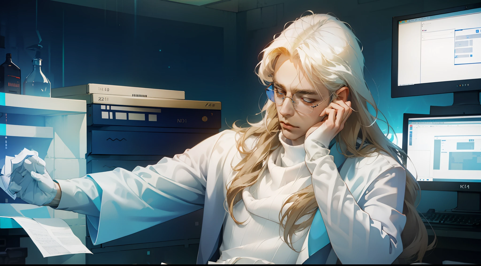 NSFW, tmasterpiece, beste-Qualit, Ultra-detailed, semi-realistic, Detailed facial features, 1male, looking aside, busy, blond, hairlong, eyeglasses, 詳細な目, Cyberpunk clothes, (Inside the blue and white room, in the lab, The White Room,  brightly, looks at the monitor), in a white tight turtleneck, Neat hands, 4k