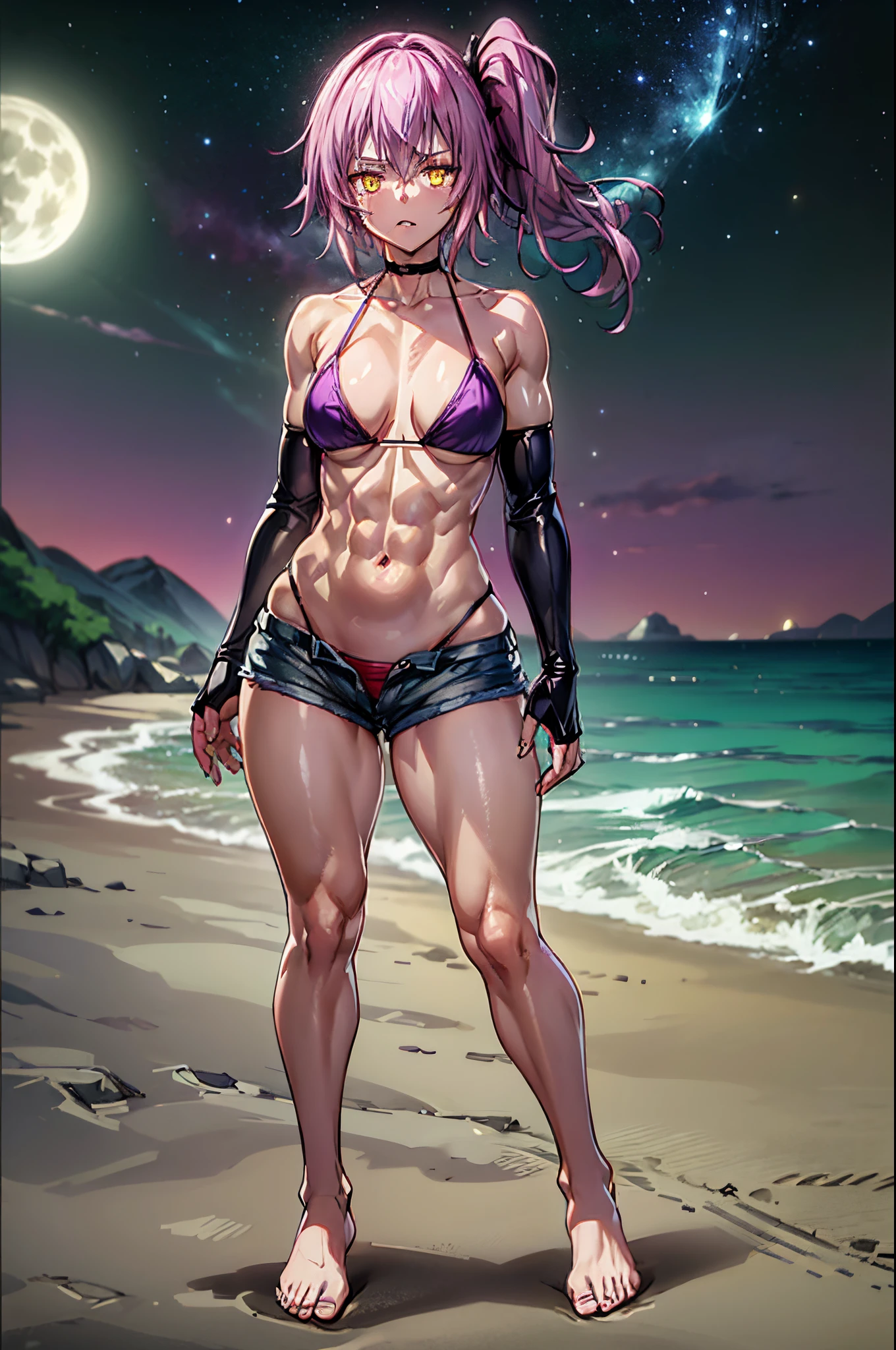 (1 anime girl with purple hair), (((on the beach at night with starry sky and full moon in the sky))), alone, yellow eyes, (short hair), side ponytail hair, purple hair, looking for me, ((Lastly)), Wearing bikini shorts, (((side ponytail))) , (((toned legs))), thick muscular thighs, slim waist, muscular stomach, hands on hips, bare feet, medium breasts, eye reflection, glowing eyes, bad mood, anime, anime style, cinematic lighting, ray tracing, canon, panorama, 8k, hard drive, masterpiece, accurate, anatomically correct, super detail, high quality, high, hard drive, 16k