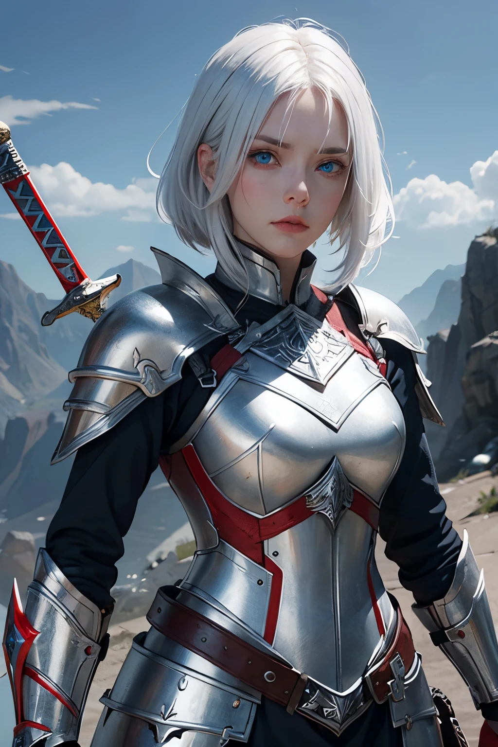 Female warrior white hair,silver armor light reflect and red and blue line ,blue eye,equip sword and shield