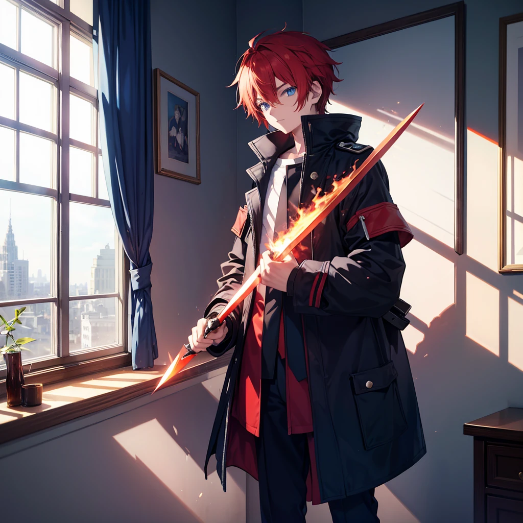 A 16-year-old boy stood by the window sill,Holding the light blade in his left hand,Holding the flaming red blade in his right hand,Wearing a blue coat,style of anime,megapixel