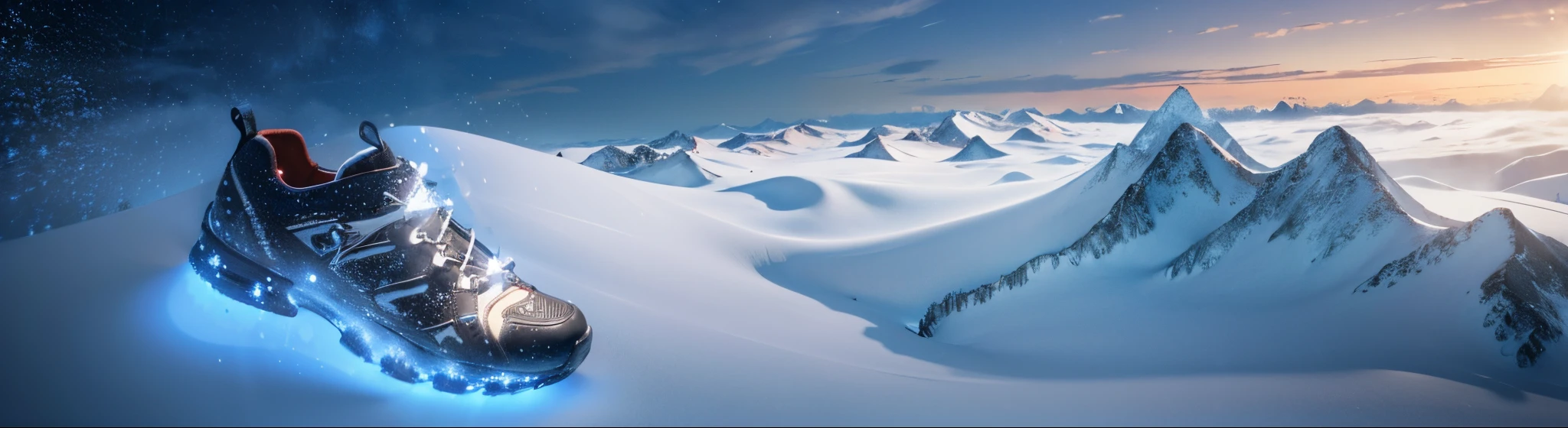 (a huge brown travel shoe)，(shoes on snow)，(rising snowflakes)，tmasterpiece，Best quality，extremely beautiful reflection，best reflection,(Very detailed CG unified 8k wallpaper)Best quality)(The best illustrations),(The best shadow)，Snow mountain theme and natural elements，Tall trees，(A winding mountain road)，Surrounded by delicate snowflakes，There is also the Glow Particle effect，(nature elements)，(Snow mountain theme)，(Snowy mountains in the distance)，Octagon rendering，ray traycing，ultra - detailed，Cinematic light and shadow