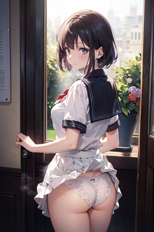 (masutepiece), Mature Schoolgirl, Sexy, posterior, Floral lace underwear, Natural light, Photorealistic, Long, diffuse glow, depth of fields, White skirt, steam, (Lift skirt), (pantiy), 17 age、