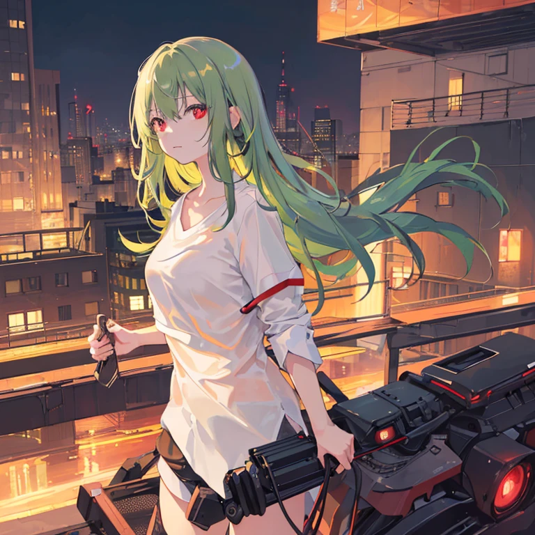 1girl in, 独奏, Lori, 小柄,(Night_skyporn), (very_long_Green_hair),  (Red_Eyes), Medium_breasts, (white_Shirt:1.5), (doress), (portlate), blazing_Eyes, Background_light, (Cityscape:1.5), (neons_A light:1.2), (scienc), cyberpunked, ((​masterpiece)), (Hi-Res), (best_quality), (highly_Detailed), (Original),(Delicate background),(Very detailed 8k wallpaper),cinematlic lighting, Volume Lighting, light Particle, Shaded_Face, Beautiful_Detailed_Eyes, Depth_In the_field、point of view、