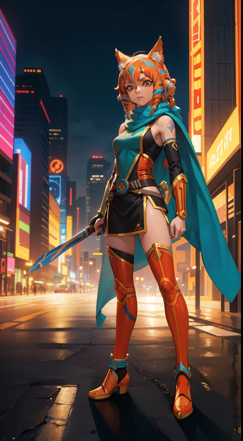 full body view, anime, vibrant and vivid color palette, Ahsoka Tano wearing her iconic outfit in an future city of coruscant, Ahsoka tano likeness, ashoka tano features, highest quality, 4K, ultra-detailed elements,