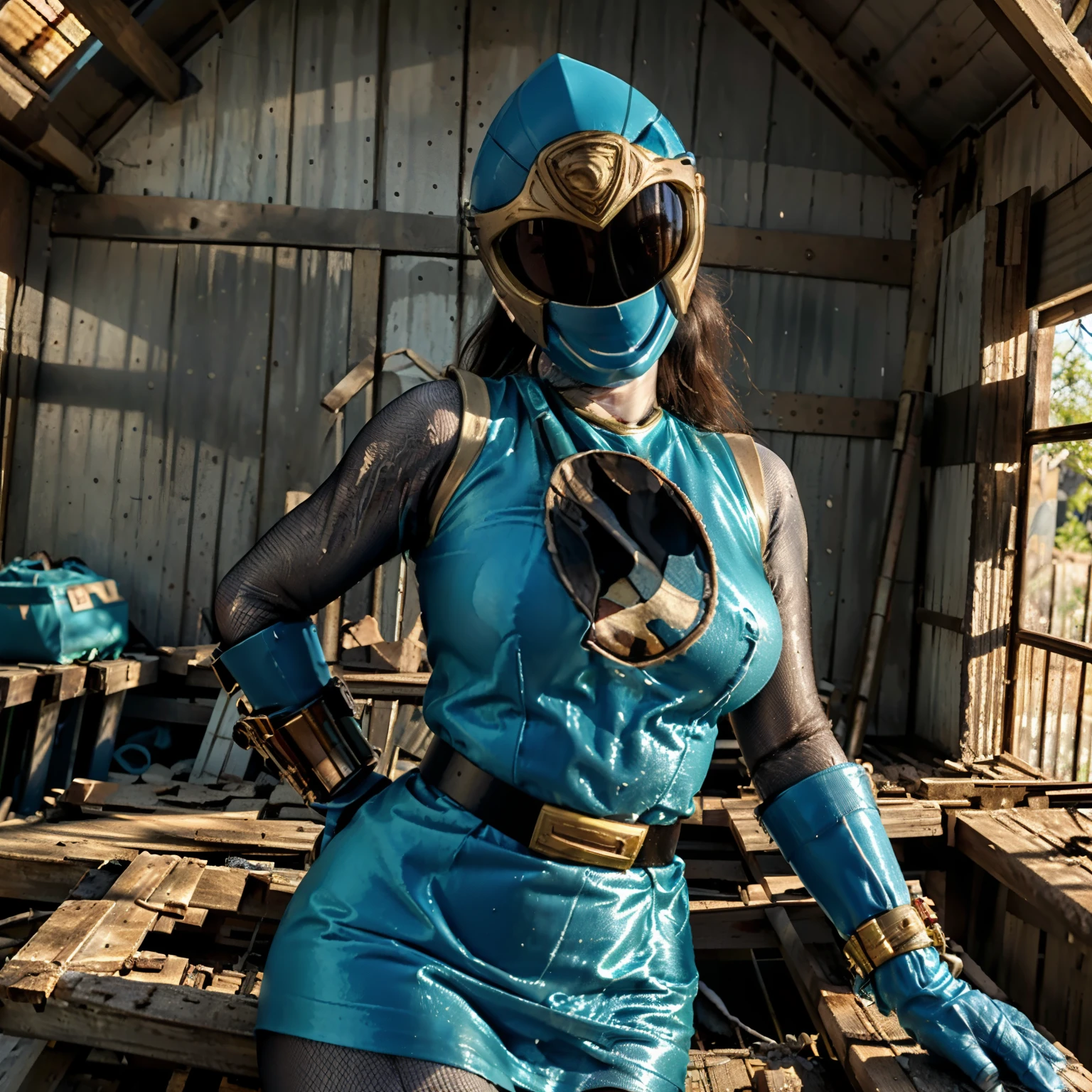 (masterpiece:1.1, Best Quality:1.1, 16 K, High resolution), (ultra-realistic portrait of Hurricane Blue_Ninpuu Sentai Hurricanger), Ultra-detailed, Illustration, (Hurricane Blue outfit, belt, gloves, helmet, blue spandex vest, sunglasses, blue boots, blue skirt, hyper mini skirt, gray leggings, white gloves, In an abandoned hut, farms), (Huge breasts:1.55, Huge boobs:1.55, huge tit:1.55, Perfect slim body style:1.35, hyper detailed face, ultra detailed skin texture,