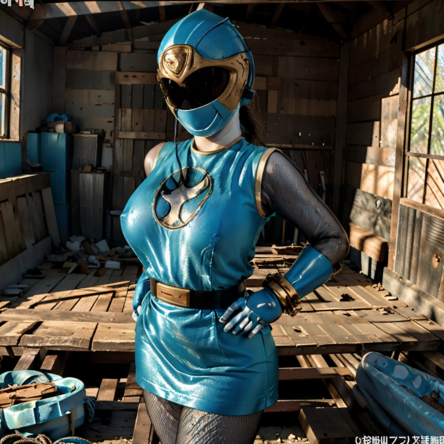 (masterpiece:1.1, Best Quality:1.1, 16 K, High resolution), (ultra-realistic portrait of Hurricane Blue_Ninpuu Sentai Hurricanger), Ultra-detailed, Illustration, (Hurricane Blue outfit, belt, gloves, helmet, blue spandex vest, sunglasses, blue boots, blue skirt, hyper mini skirt, gray leggings, white gloves, In an abandoned hut, farms), (Huge breasts:1.55, Huge boobs:1.55, huge tit:1.55, Perfect slim body style:1.35, hyper detailed face, ultra detailed skin texture,