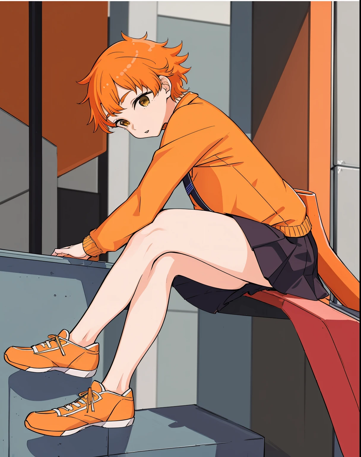 ((masterpiece)), (best quality:1.7), (detailed:1.4), (high res:1.4), 8k, (colorful:1.5), 2d, high resolution, sharped image, 4k, hd, 1girl, (((solo))), chita_(yancha gal), full body, small breast, orange jacket, black skirt, school shoes, orange hair, sky, clouds, long legs, street, standing, (((large legs))), adult character, buildings, sitting, on a edge,