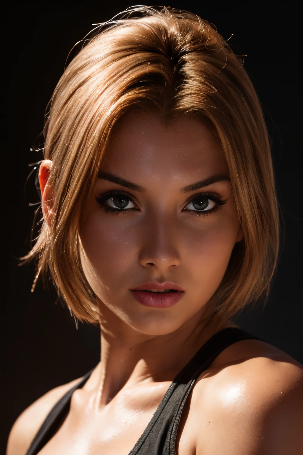 (best quality,4k,8k,highres,masterpiece:1.2), ultra-detailed, (realistic,photorealistic,photo-realistic:1.37), beautiful detailed eyes, beautiful detailed lips, extremely detailed face, long eyelashes, flawless skin, exquisite facial features, radiant complexion, captivating gaze, alluring smile, sensual lips, dark fantasy, a beautiful woman, finely crafted facial Rayne from game the BloodRayne features, intricate brush strokes, beautiful lighting, Cinematic, Color correction, stylized anatomy, short red hair, full body, evil smile and a look from under the brows, sensual atmosphere, artistic lighting , (cool colors), damp, reflections, (masterpiece) (perfect aspect ratio), (realistic photo), (best quality), (detailed) photographed on a Canon EOS R5, 50mm lens, F/2.8, HDR, (8k) (wallpaper) (cinematic lighting) (dramatic lighting) (sharp focus) (intricate), RAW photo, RAW photo, gigachad photo, posing for camera, dynamic posing, black jeans, 8k uhd, dslr, high quality, film grain, Fujifilm XT3, extremely detailed, photorealistic, realistic, incredibly absurd, highly detailed, sharp focus, (Professional Studio Lighting), (Professional Color Grading), Edge Lighting, Dramatic lighting, Cinematic lighting, Lumen reflections, Soft natural lighting, Soft color, Photon mapping, Radiosity, (Beautiful eyes), (Detailed eyes), (Detailed face), symmetrical eyes, sharp eyes, full body), (HIGH LEVEL OF DETAIL), (skinny athletic body), (sweaty),high detailed skin, uncharacterized texture, hyper detailed, realistic skin texture, armor, best quality, dynamic pose, ultra high res, (photorealistic: 1.4) high resolution, detailed, raw photo, sharp re, by lee jeffries nikon d850 film stock photography 4 kodak portra 400 camera F1.6 Lens rich colors hyper realistic texture dramatic lighting UnrealEngine trend in Artstation Cinestill 800, veins in the body, (body and fitness).