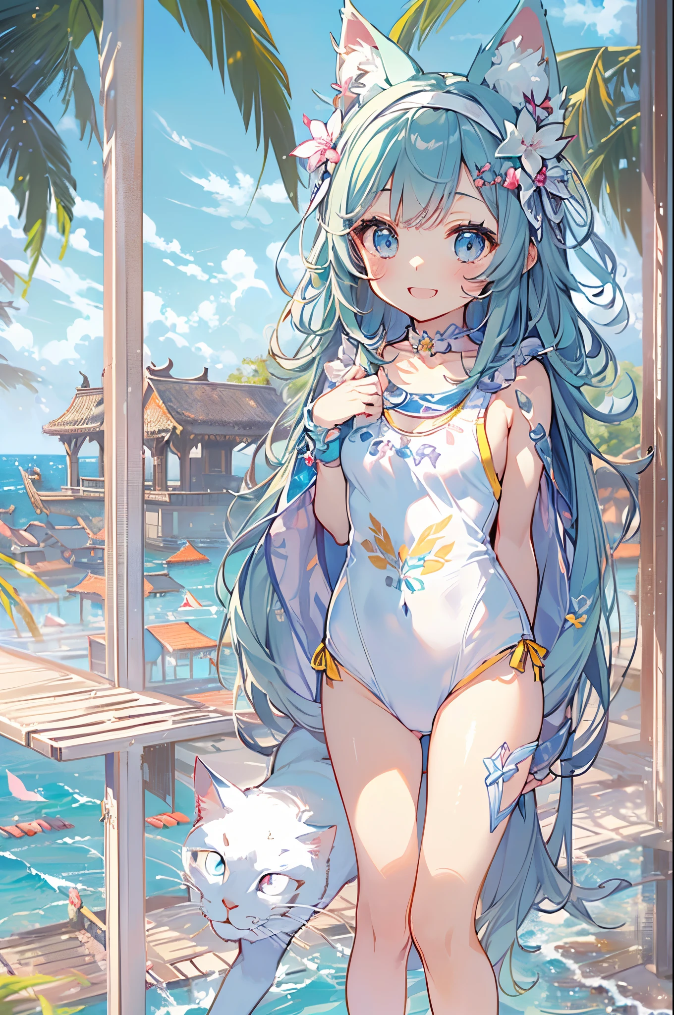 ((2D Beautiful Girl、top-quality、perfect fingers:1.1、perfect anatomia:1.1、Perfect outfit、face perfect：1.1、Beautiful illustration))、cute petit girl、(transform sequence)、((cute decorative headband、pretty swimsuit)、12year old、Solio、hime、Fractal Art、baby-face、((stright long hair))、(Slender and beautiful legs)、Beautiful big drooping eyes、（full body photographed、Zoom out and shoot）、((1人))、Blue sky and sea background、cat ear、a smile