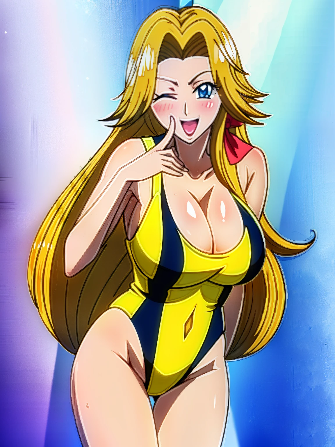 an anime girl、a matural female、beautiful a girl、solo、girl wearing a swimsuit、very long blonde girl、one eye closed、rating:safe、onepiece swimsuit、 Anime girl in a black and orange tank suit、Anime girl wearing a black and gold tank suit、 Black and orange high leg racing swimwear、Black and gold high-leg racing swimwear、huge tit、Woman with very large breasts、bow、shiny、hair_bow、Blue-eyed girl、shiny_clothes、grey_background、girl with half up hair、red_bow、open_mouth、shiny_skin、covered_navel、cowboy_shot、smile、thigh_gap、shiny_hair、Competitive swimsuit、High Leg Racing Swimwear、looking_at_viewer、;d、putting finger on face、simple_background、collarbone、blush、Anime girl standing、earrings、The best girls in anime、artwork in the style of guweiz、Detailed Digital Anime Art、perfectly shaded body、realistic anime 3 d style、beautiful attractive anime girl、realistic anime art style、realistic shaded perfect body、