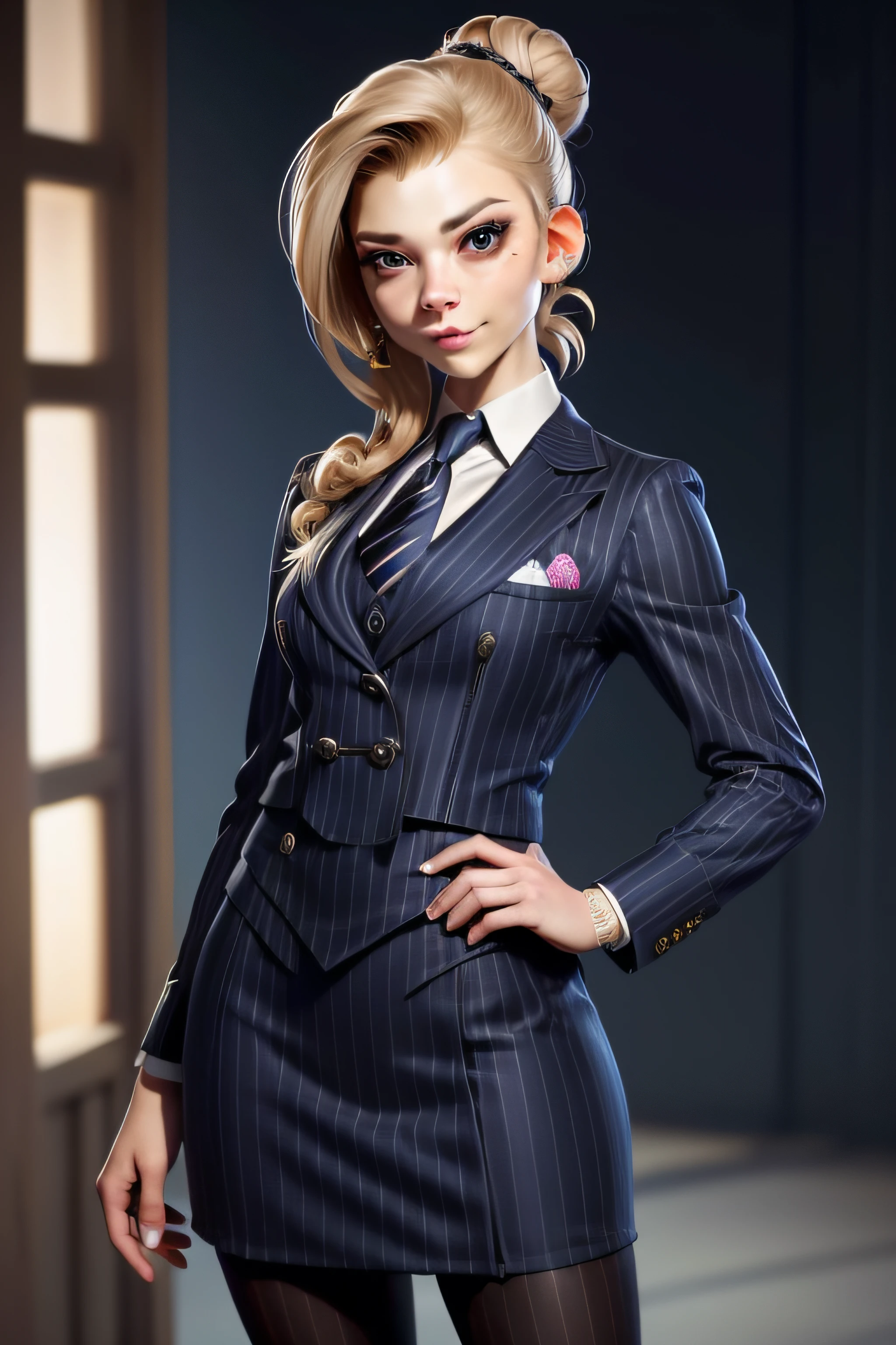 masterpiece, ,(solo:1.1), Natalie Dormer, perfect face, (bright lighting:1.2),beautiful detailed eyes, extremely detailed face, perfect lighting,masterpiece, best quality, ((mature female)), milf, 1 woman, (((navy pinstripe skirt suit))), (((three-piece suit))), (((silk necktie))), windsor necktie, (((dress shirt))), (((blazer))), (((suit jacket))), (((waistcoat))), double-breasted waistcoat, bodycon miniskirt, pencil skirt, tie clip, pocket watch, pocket square, cufflinks,, solo focus, fully clothed, smartly dressed, smiling, elegant updo, hair up, messy hair bun,