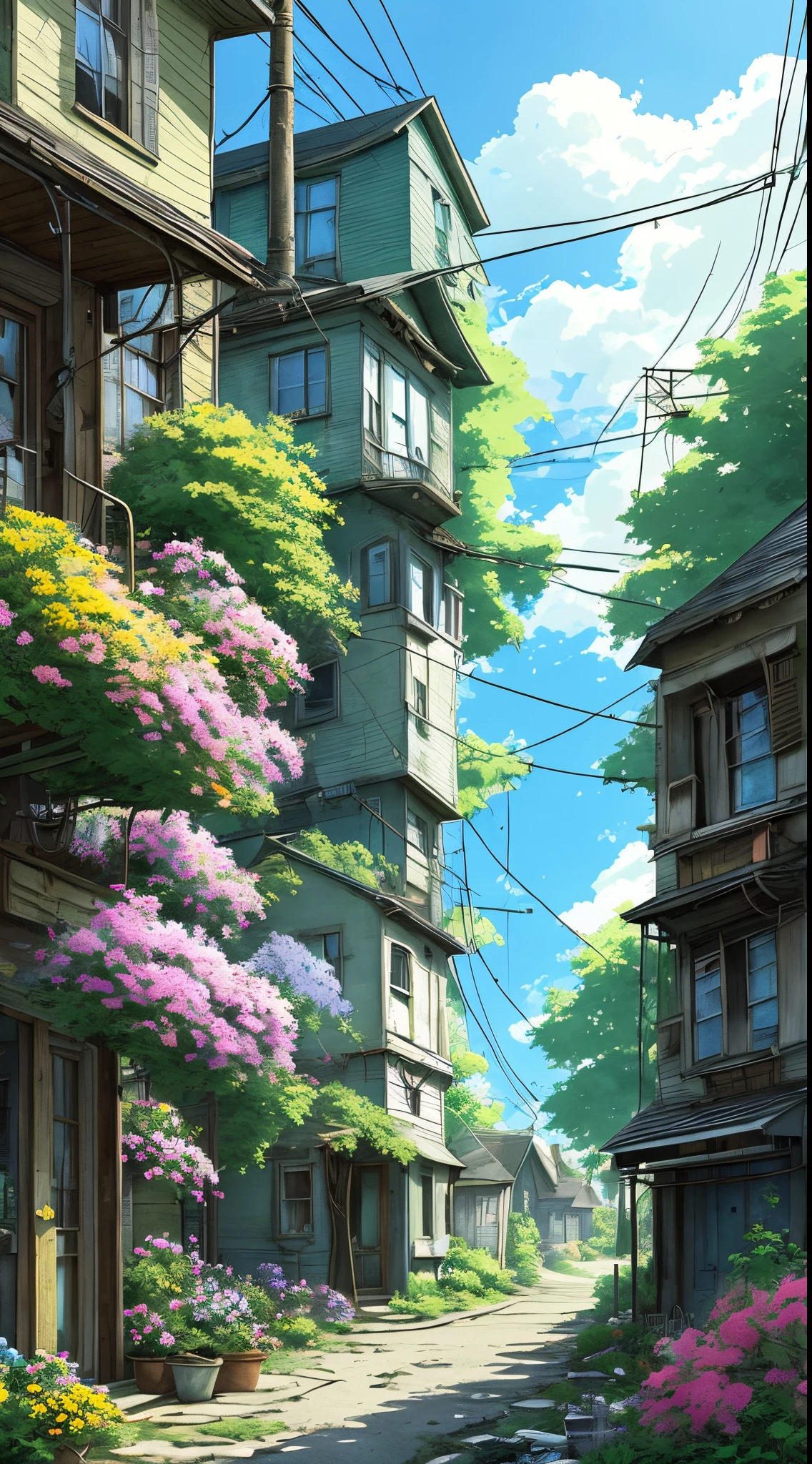 very cozy little place, hyper realism, (anime Makoto Shinkai:0.4), old shabby house in city street, home wiring, outdoors, sky, cloud, day, scenery, tree, blue sky, building, sign, wires, railing, wide shot, utility pole, town, wilderness, flowers, a lot of utensils lying around in a mess