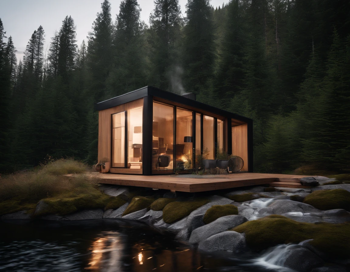 Exterior image of a tiny house duplex house in a Scandinavian nature, standing wood panel, avantgarde, sci-fi, waterfall, panorama glass windows, forests, waterfall inside atrium, rocks, futuristic, floating, modern, natural pond of water,