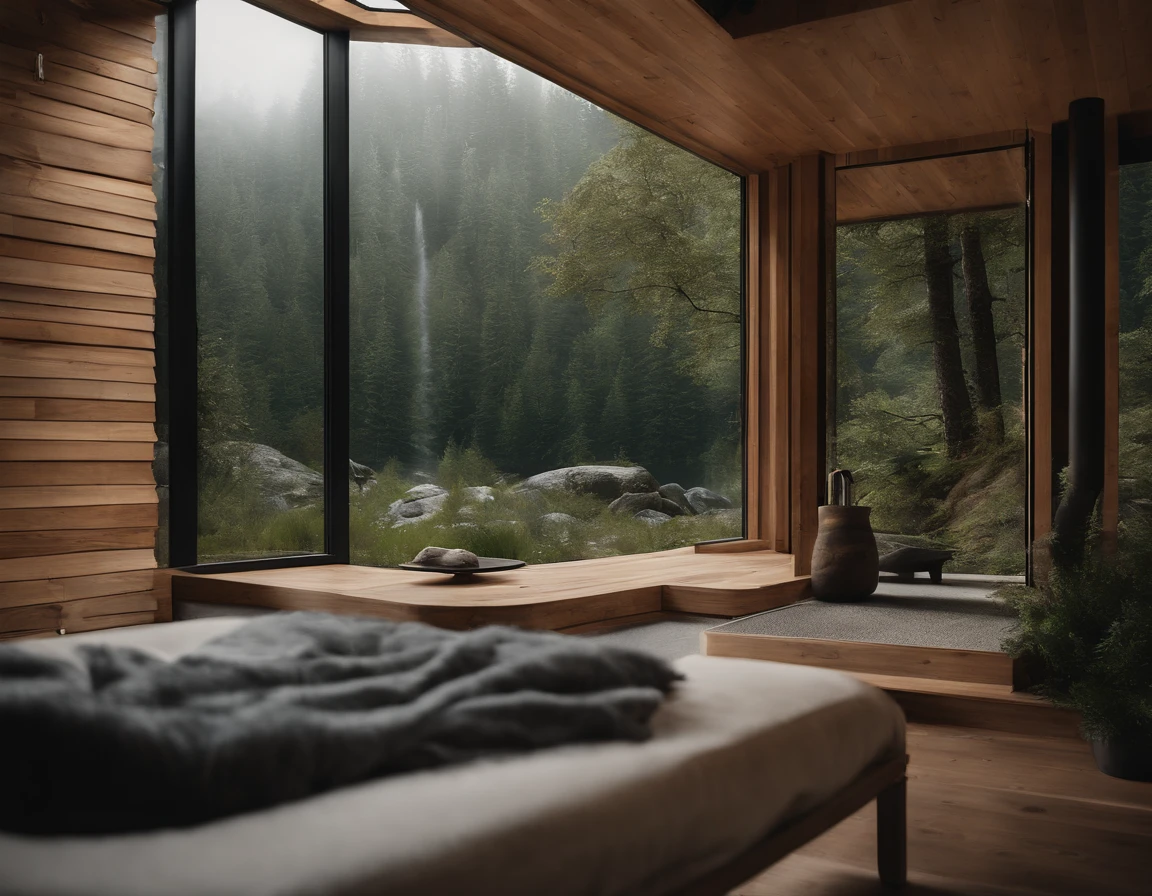 Exterior image of a tiny house duplex house in a Scandinavian nature, standing wood panel, avantgarde, sci-fi, waterfall, panorama glass windows, forests, waterfall inside atrium, rocks, futuristic, floating, modern, natural pond of water,