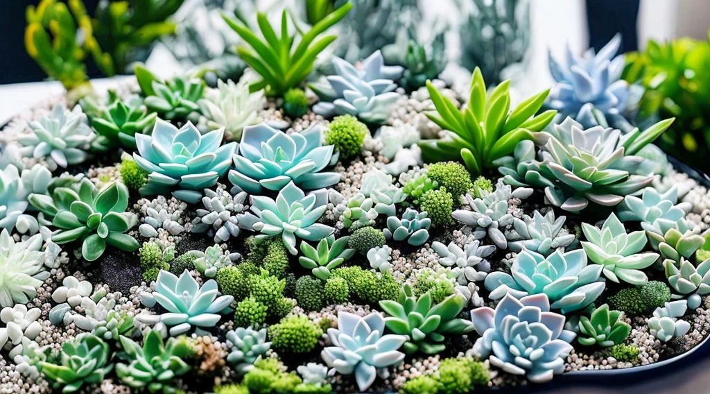 tmasterpiece, Best quality at best, ultra - detailed,Crystals floating in the air，light blue white，Pearl Chlorophytum，prayer beads，floating succulents，succulent forest，Super refined，ultra - detailed，vivaciousness，with dynamism，with dynamism，glowing plants。fantastical scenes，Super dreamy