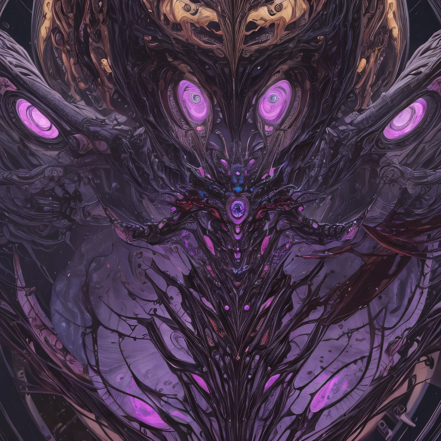 (masterpiece, best quality: 1.2), ultra detailed, highest detail, (body horror: 1.4), (biomachine: 1.3), (bloody: 1.2), living being, (colorful: -1.0), (machine: 1.3), Hans Giger, many hands, (zentangle: 1.2), purple, black color scheme, black ((gravity lord))