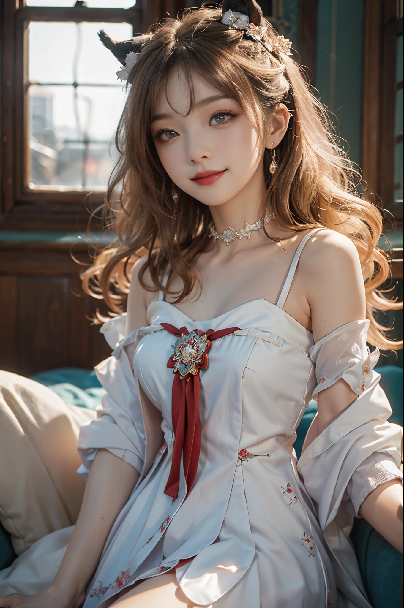 ((actual)), A young girl, beuaty girl, Beauty in period costume, Hanfu, Draped in silk, Flower, high-waist, nice belt, cropped shoulders, Slim, Slimming the waist, high-heels, the shy, grinning smile, ear nipple ring、choker necklace、hair pin,heavy makeups,Gorgeous eye makeup,Extremely beautiful eyes, coiffed blonde hair, curlies, long and flowing hair, early evening, eventide, inside in room, sitting in the couch, (from below) flirty skirt, Mess up your hair, Posing for photos, Pose gracefully, Random shooting angle, warmly lit, Warm color palette, profesional lighting, フォトンマッピング, Radio City, physically-based renderingt, RAW photogr, Best quality at best, beauitful face, Beautiful skins, Attractive, 超高分辨率, ultra real photo