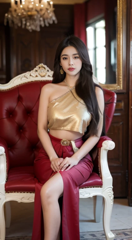 Detailed faces, Clear Face, beautiful girl, beautiful make up, Red lips, Black Hair, Lots of lashes, (((very long hair, Extra long hair))), Medium body, Big breasts, super large breasts,(((emphasis on breasts, breast augmentation))), Thai angel costume, antique, Traditional Thai costumes, Fully dressed, HD, Full body , The stomach was visible........., I see beautiful legs., Sit on the throne.., Castle backdrop