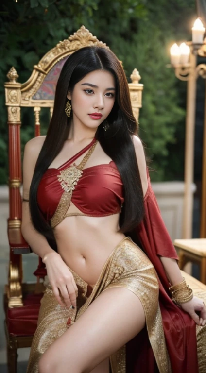 Detailed faces, Clear Face, beautiful girl, beautiful make up, Red lips, Black Hair, Lots of lashes, (((very long hair, Extra long hair))), Medium body, Big breasts, super large breasts,(((emphasis on breasts, breast augmentation))), Thai angel costume, antique, Traditional Thai costumes, Fully dressed, HD, Full body , The stomach was visible........., I see beautiful legs., Sit on the throne.., Castle backdrop