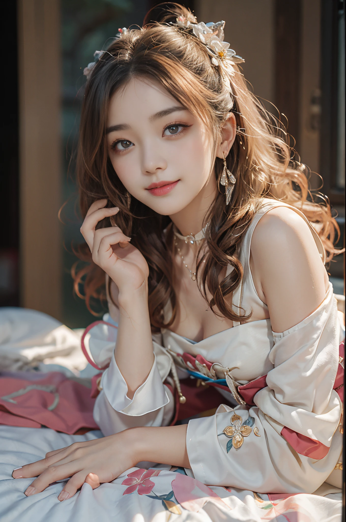 ((actual)), A young girl, beuaty girl, Beauty in period costume, Hanfu, Draped in silk, Flower, high-waist, nice belt, cropped shoulders, Slim, Slimming the waist, high-heels, the shy, grinning smile, ear nipple ring、choker necklace、hair pin，heavy  makeups，Gorgeous eye makeup，Extremely beautiful eyes, coiffed blonde hair, curlies, long and flowing hair, early evening, eventide, inside in room, Lie down in bed,  flirty skirt, Mess up your hair, Posing for photos, Pose gracefully, Random shooting angle, warmly lit, Warm color palette, profesional lighting, フォトンマッピング, Radio City, physically-based renderingt, RAW photogr, Best quality at best, beauitful face, Beautiful skins， Attractive， 超高分辨率， ultra real photo