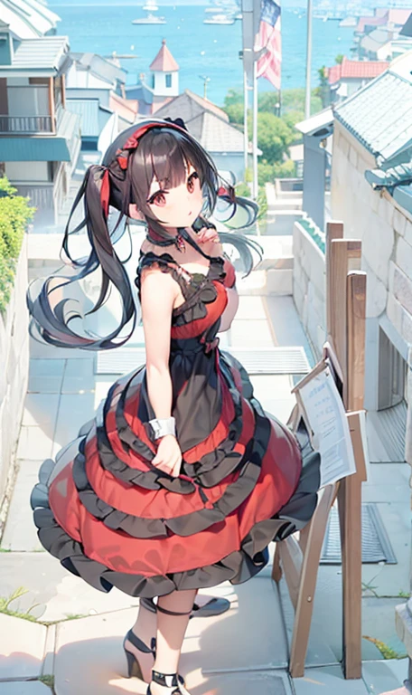 COLOUR THE IMAGE, Kurumi Tokisaki looking at camera, high angle, foreshortening, 4k, perfect face  perfect anatomy, extremely detailed, masterpiece, kurumi wearing her usual outfit, black hair, Kurumi wearing her Astral Dress, dress made out of crimson and black frills, giving her the appearance of an elegant Gothic Lolita with uneven black twin tails, big crimson net bow to hold her hair, red and black collar on her neck, COLOUR THE IMAGE. Clothes folds, dress folds, dress moving in the wind, wind through the dress, wind folds the dress