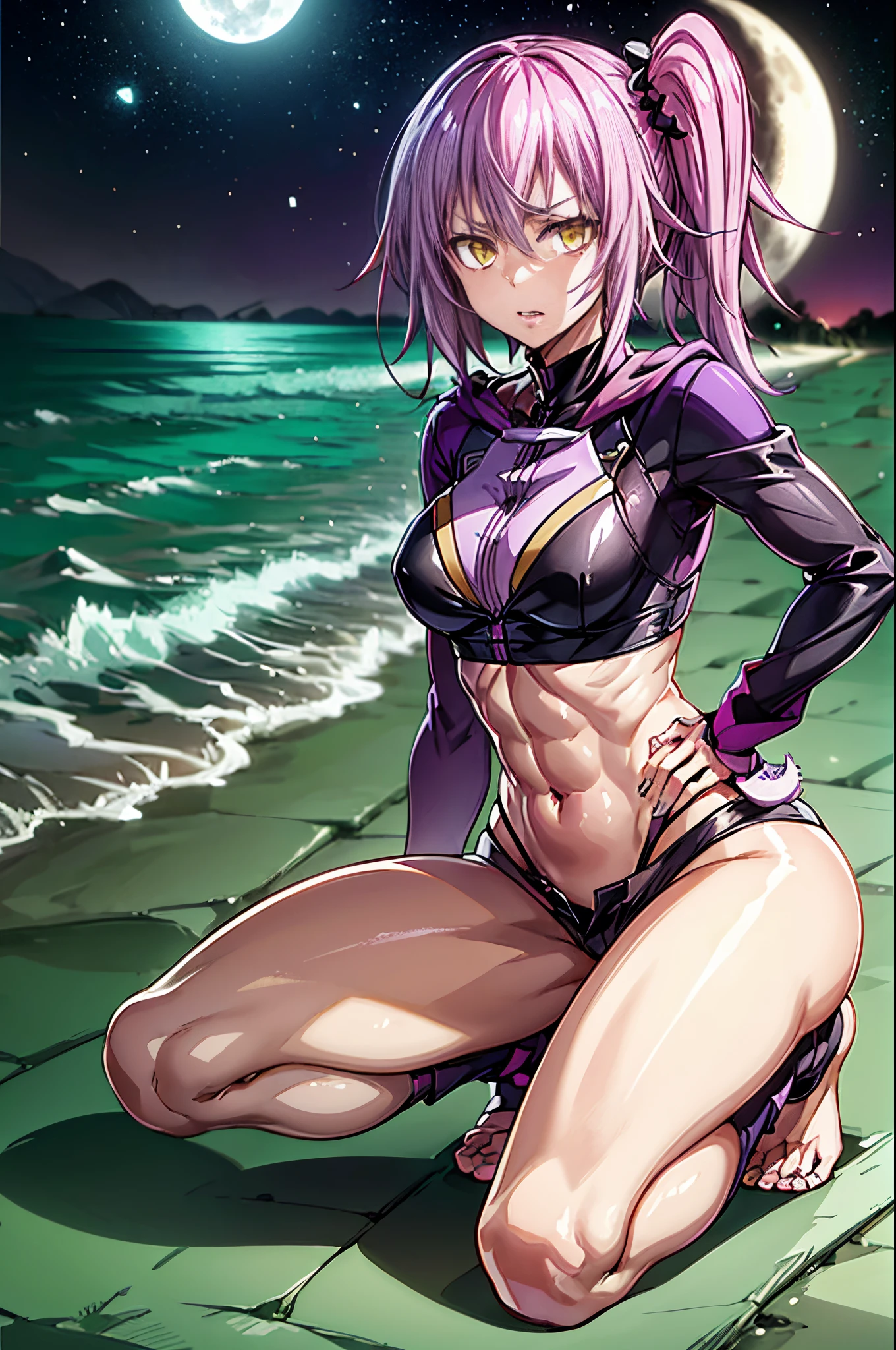 (1 anime girl with purple hair), (((on the beach at night with starry sky and full moon in the sky))), alone, yellow eyes, (short hair), side ponytail hair, purple hair, looking for me, ((Lastly)), Wearing bikini shorts, (((side ponytail))) , (((toned legs))), thick muscular thighs, slim waist, muscular stomach, hands on hips, bare feet, medium breasts, eye reflection, glowing eyes, bad mood, anime, anime style, cinematic lighting, ray tracing, canon, panorama, 8k, hard drive, masterpiece, accurate, anatomically correct, super detail, high quality, high, hard drive, 16k