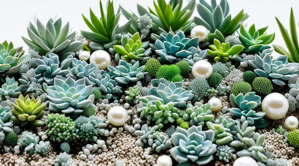 tmasterpiece, Best quality, ultra - detailed,Crystals floating in the air,light blue white,Pearl Chlorophytum,prayer beads,floating succulents,succulent forest,Super refined,ultra - detailed,vivaciousness,with dynamism,with dynamism,glowing plants。fantastical scenes,Super dreamy