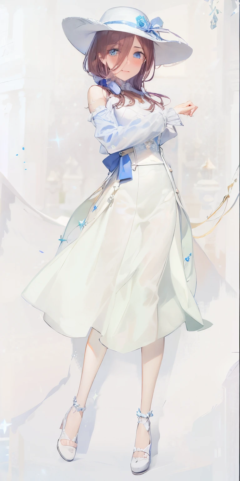 Miku Nakano, shy, blushing, cute, 4k, high quality, highly detailed, miku Nakano, flowing white slong skirt, white top with volant short sleeves, cute hat, flowers as a hairtie, sandals. Perfect face, highly detailed, perfect anatomy. Crystal, ice crystal aesthetic, frozen, crystal dress, crystal ice glass shoes, ice princess, crystal princess, sparkle, splendid, crystal, evanescent, enchanting, translucent, iridescent