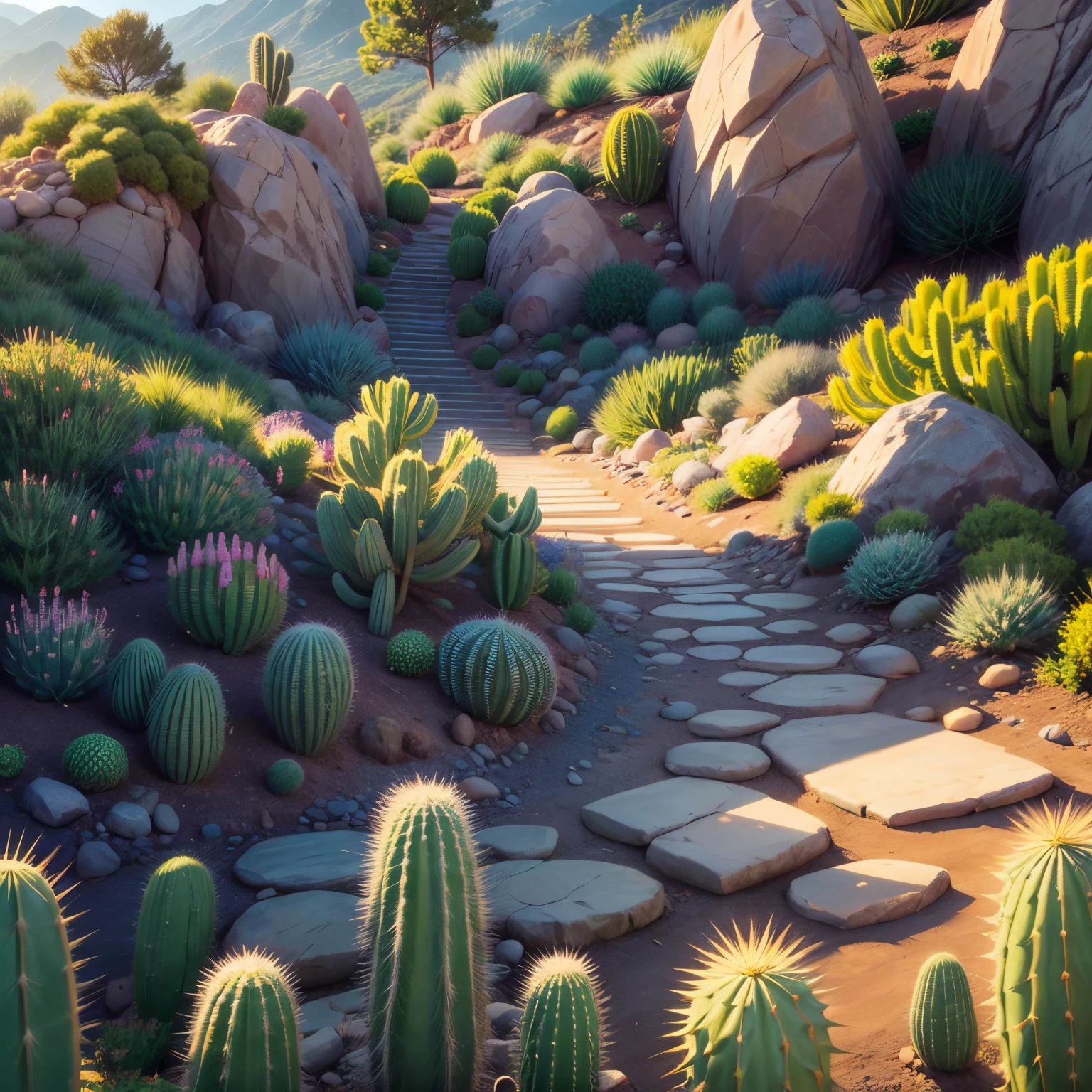 Cactus garden on the hillside,Colorful succulents,Cactus flowers,become sunny,twilight rays