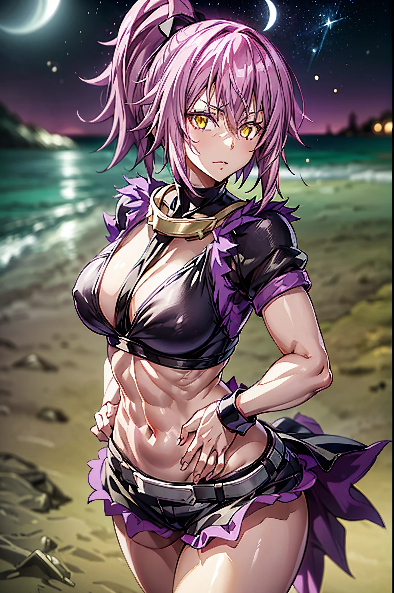 (1 anime girl with purple hair), (((on the beach at night with starry sky and full moon in the sky))), alone, yellow eyes, (short hair), side ponytail hair, purple hair, looking for me, ((Lastly)), Wearing bikini shorts, (((side ponytail))) , (((toned legs))), thick muscular thighs, slim waist, muscular stomach, hands on hips, bare feet, medium breasts, eye reflection, glowing eyes, bad mood, anime, anime style, cinematic lighting, ray tracing, canon, panorama, 8k, hard drive, masterpiece, accurate, anatomically correct, super detail, high quality, high, hard drive, 16k