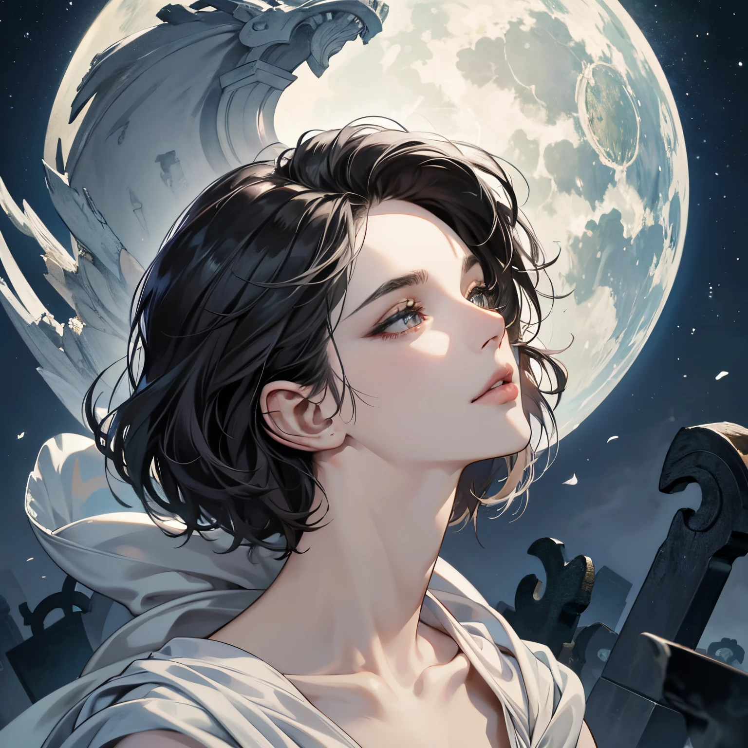 a sculpture, marble sculpting, beautiful, gorgeous, high quality, intricate, super detailed, exquisite, detailed, graceful, fluid, classical, expressive, Renaissance, expressive, prominent lips, angular, passionate, anime art style, focused on face masterpiece, high quality, sharp focus, graveyard photo, pale grey skin, evil look, perfect face, perfect jawline, textured skin, beautiful lips, grey eyes, cowboy shot, night time, cinematic lighting, hazy atmosphere, 8k, uhd, absurdres, black hair