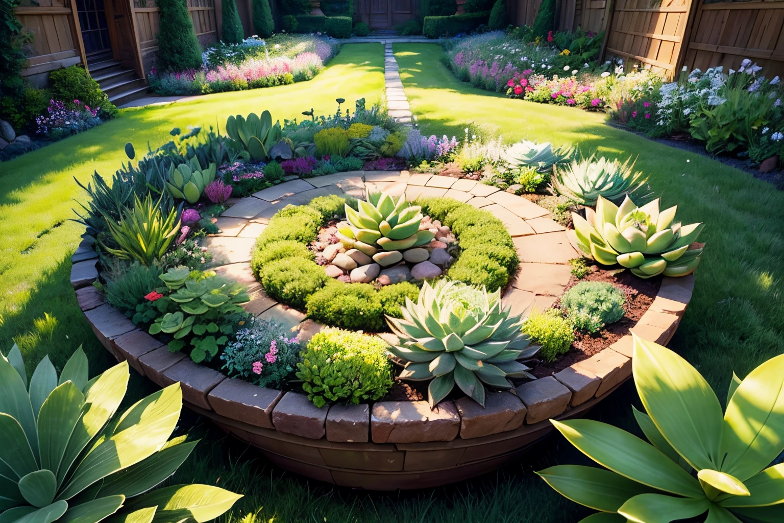(actual,realistically:1.37),Highly realistic,A garden filled with succulents is a beautiful sight. Succulents are made up of multiple leaves, Each one is perfectly symmetrical and carefully arranged，Creates a feeling of harmony and balance.
The layout of the garden has been carefully planned, Each plant is placed in perfect harmony with the others. These plants are surrounded by lush vegetation, Green meadow, The air is filled with the fragrance of blooming flowers.
All-encompassing, This garden filled with succulents is a work of art, a stunning creation，Demonstrates the beauty and versatility of plants. For anyone who loves the beauty of nature and plants，This would be a perfect garden.