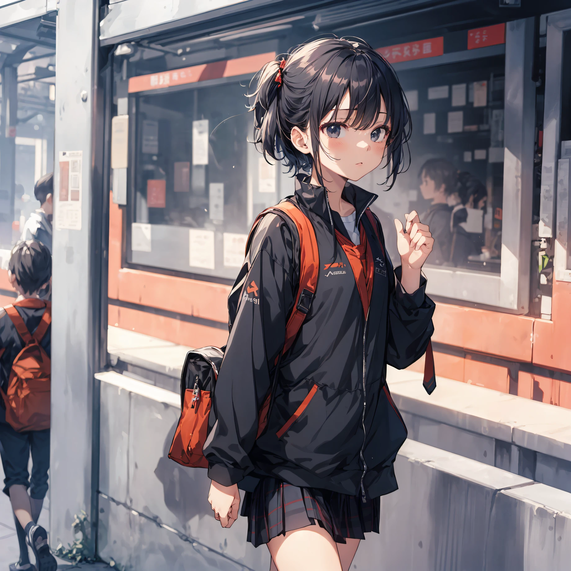 God quality,  anime moe artstyle,best anime 8k konachan wallpaper,badass anime 8k,perfect anatomy, (Please draw a girl walking sleepily to school. :1.3),break, 1girl, (Solo,Loli,child,13-year-old:1.5),a junior high school student, androgynous charm, (Very Short hair), Full limbs, complete fingers,flat chest, Small butt, groin, Small eyes,finely detailed beautiful black eyes,disgusted eyes, school Uniform, in the School commute route. break,ultra-detailed,high resolution,super detailed skin, professional lighting,8k eye details, (cool  illustration:1.2),