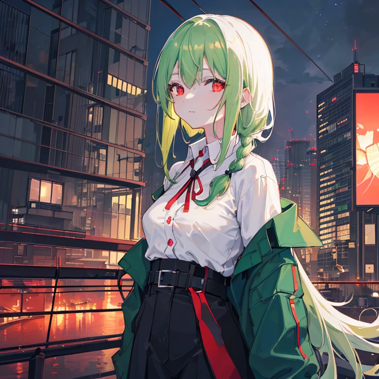 1girl in, 独奏, Lori, 小柄,(Night_skyporn), (very_long_Green_hair), Braids, (Red_Eyes), Medium_breasts, (white_Shirt:1.5), (windbreaker), (portlate), blazing_Eyes, Background_light, (Cityscape:1.5), (neons_A light:1.2), (scienc), cyberpunked, ((masterpiece)), (Hi-Res), (best_quality), (highly_Detailed), (Original),(Delicate background),(Very detailed 8k wallpaper),cinematlic lighting, Volume Lighting, light Particle, Shaded_Face, Beautiful_Detailed_Eyes, Depth_in the_field、point of view、