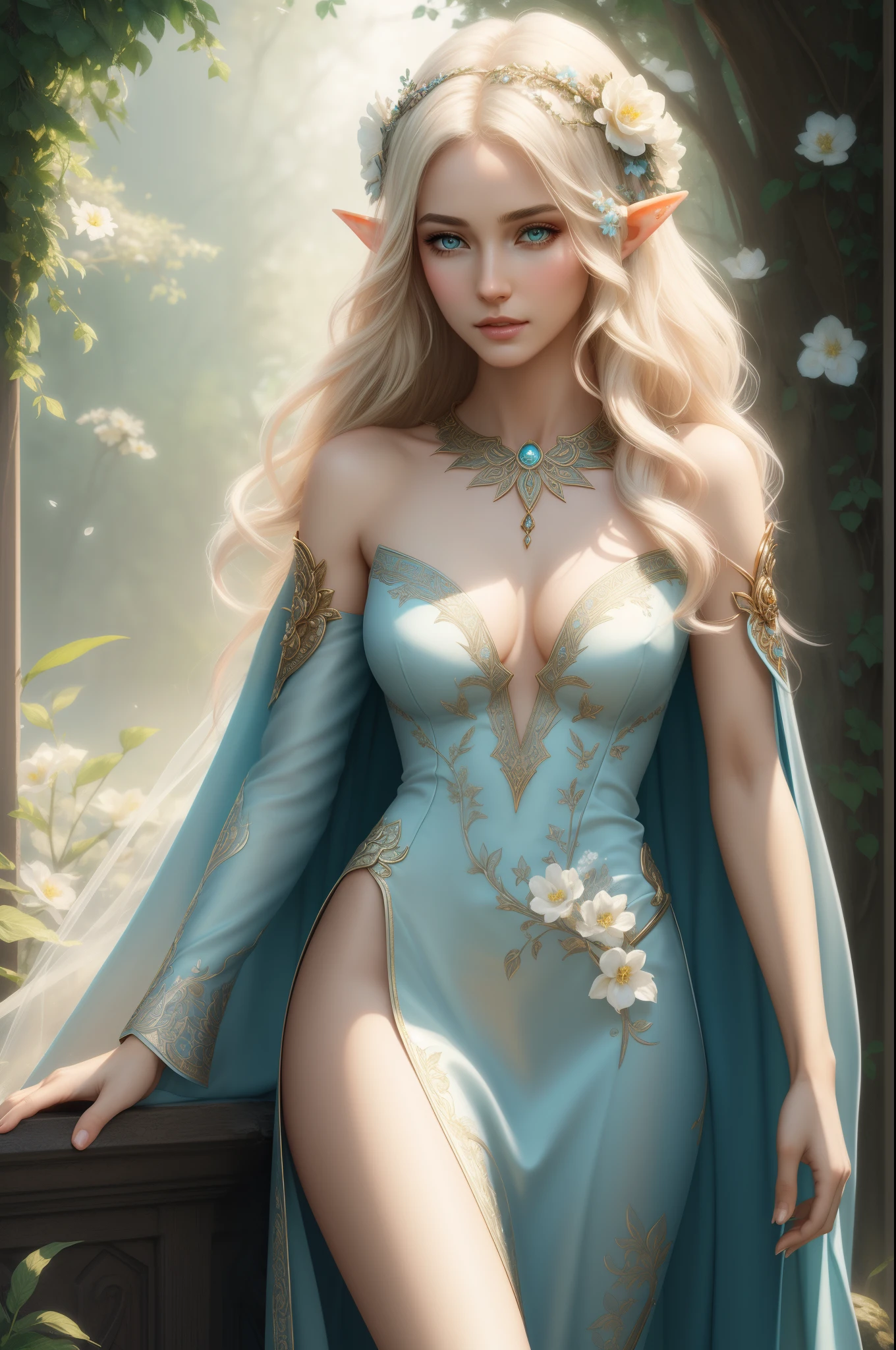 (Masterpiece:1.2), Realistic beautiful young elven girl with white-blond long straight hair, wearing closed intricate dress with floral pattern and flowers, glow eyes, glossy lips, detailed natural skin, perfect face, perfect body, perfect bones anatomy, living flora on cloth, nature with flora and fauna on the background, light liminious aura on body, amazing body view, perfect jewelry, epic beauty, hot and sexy, UHD, 8k, micro details, details, by Charlie Bowater Ross Tran WLOP Artgerm  greg rutkowski, artstation tranding, deviantart winner awards, lightroom, professional photo, octaine render, digital art, photoshop masterpiece, metalic-cyan color scheme