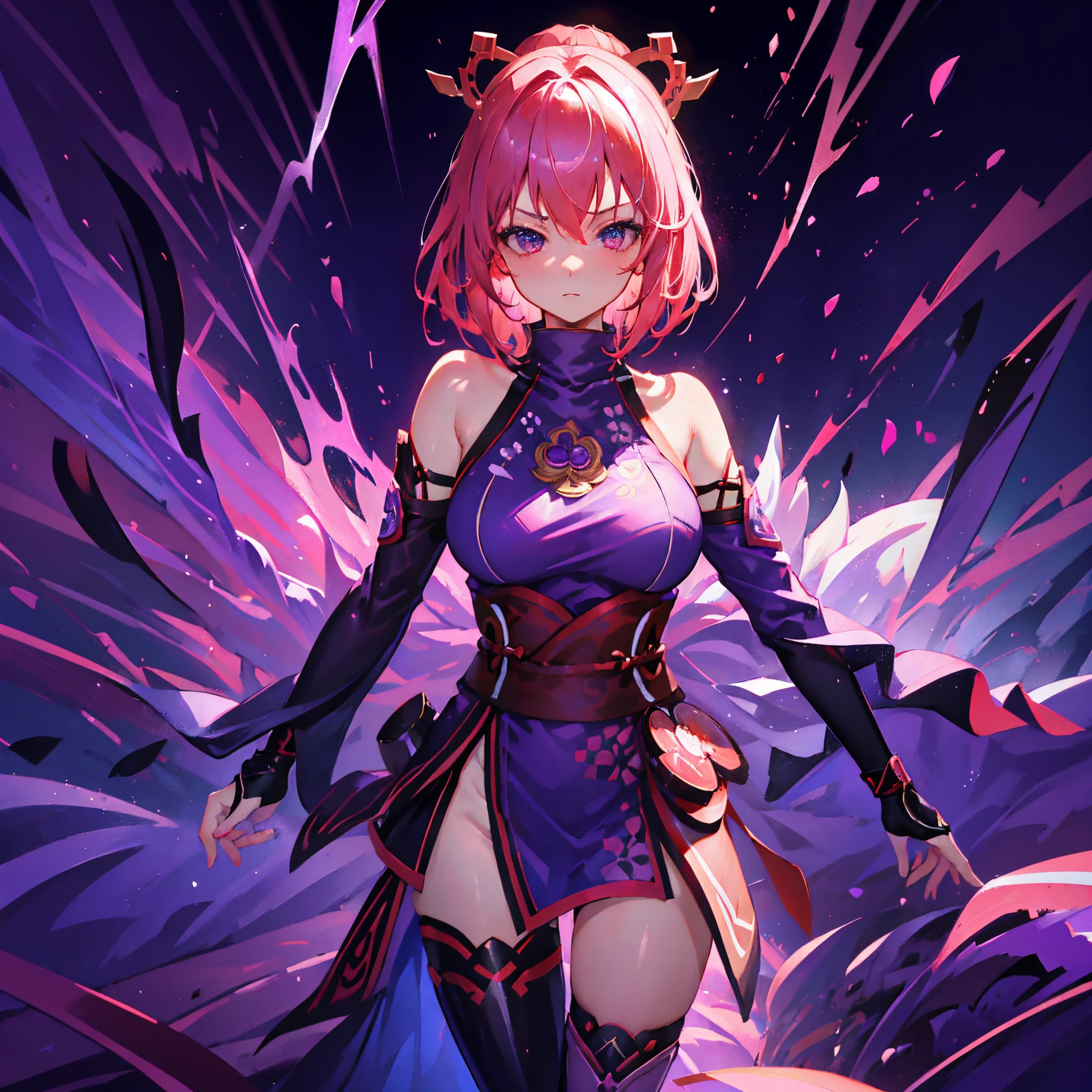 1 girl, solo, Yae_Miko, pink hair with red tips, short hair, intricate eyes, light red eyes, large breasts, diamond-shaped boob window, shinobi outfit, red and purple sleeveless ninja tunic, highly detailed tunic, purple leg fishnets, cool pose, purple lightnings all around, serious expression, purple smoke, dim lighting