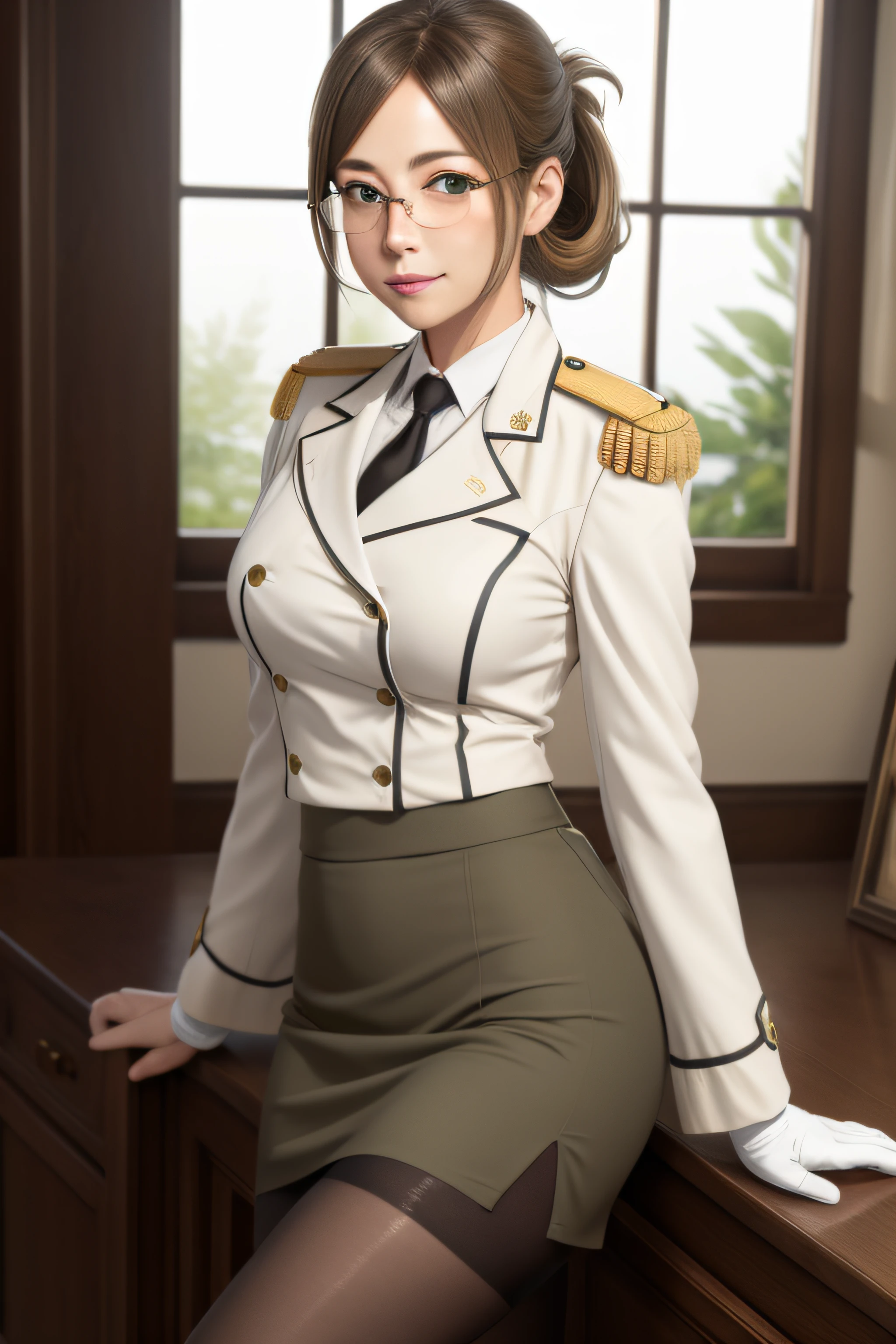 (masterpiece, best quality:1.2),illustration,8k,hd,1girl,solo,upper body,portrait,katori \(kancolle\),light brown hair,folded ponytail,parted bangs,green eyes,glasses,rimless eyewear,military uniform,white jacket,epaulettes,black necktie,white gloves,grey skirt,miniskirt,pencil skirt,black pantyhose,