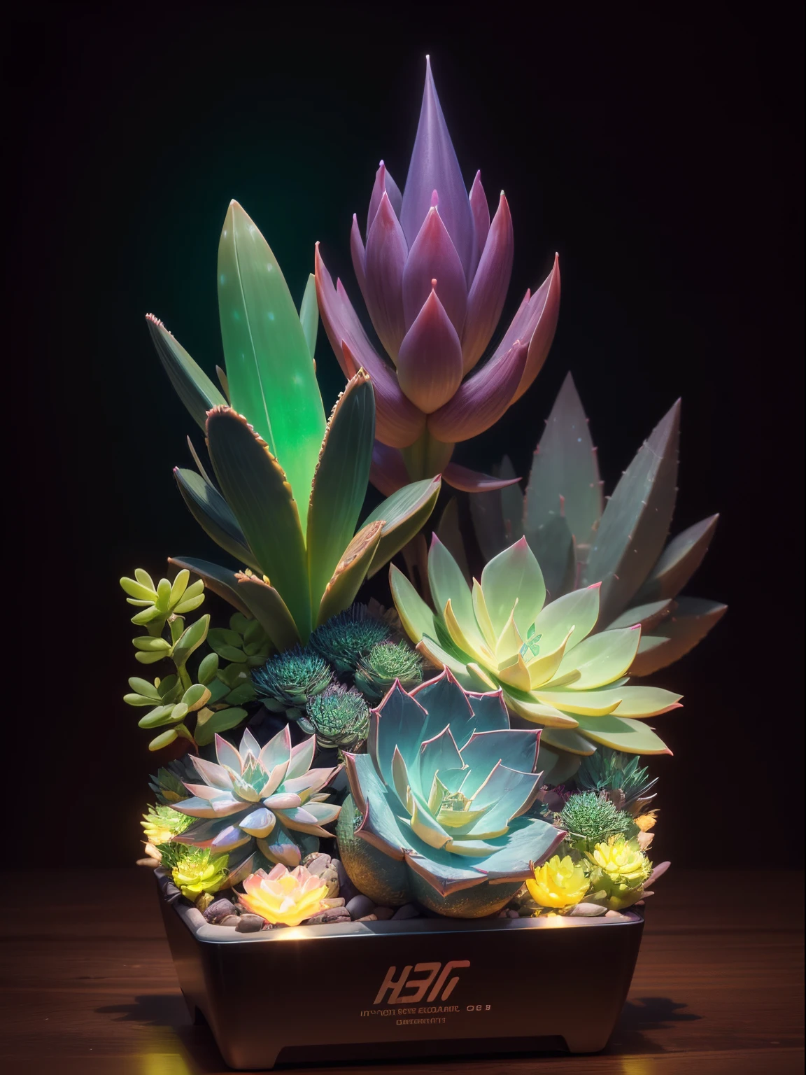 hyper HD, tmasterpiece,super detailing, high detal, high high quality, Award-Awarded, 16k, Best quality,Glow in the dark succulents,glowing succulents,glowing succulent flowers,colorful succulent flowers,glowing neon succulents,Glowing delicate succulent flowers, Ghibli-style colors, Produced by Pixar,