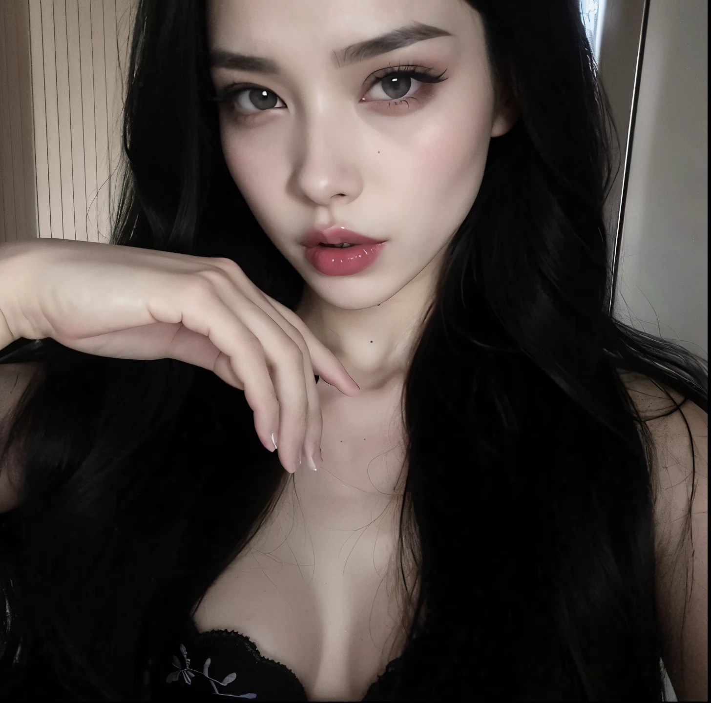 A closeup of a woman with long black hair and a black bra top, cruel korean goth girl, pale goth beauty, pale thin lips, pale skin and dark eyes, dilraba dilmurat, with very thin lips, goth girl aesthetic, with black glossy lips, Xision Wu, cabelo e maquiagem escuros, pale fair skin!!, cabelos pretos e olhos grandes