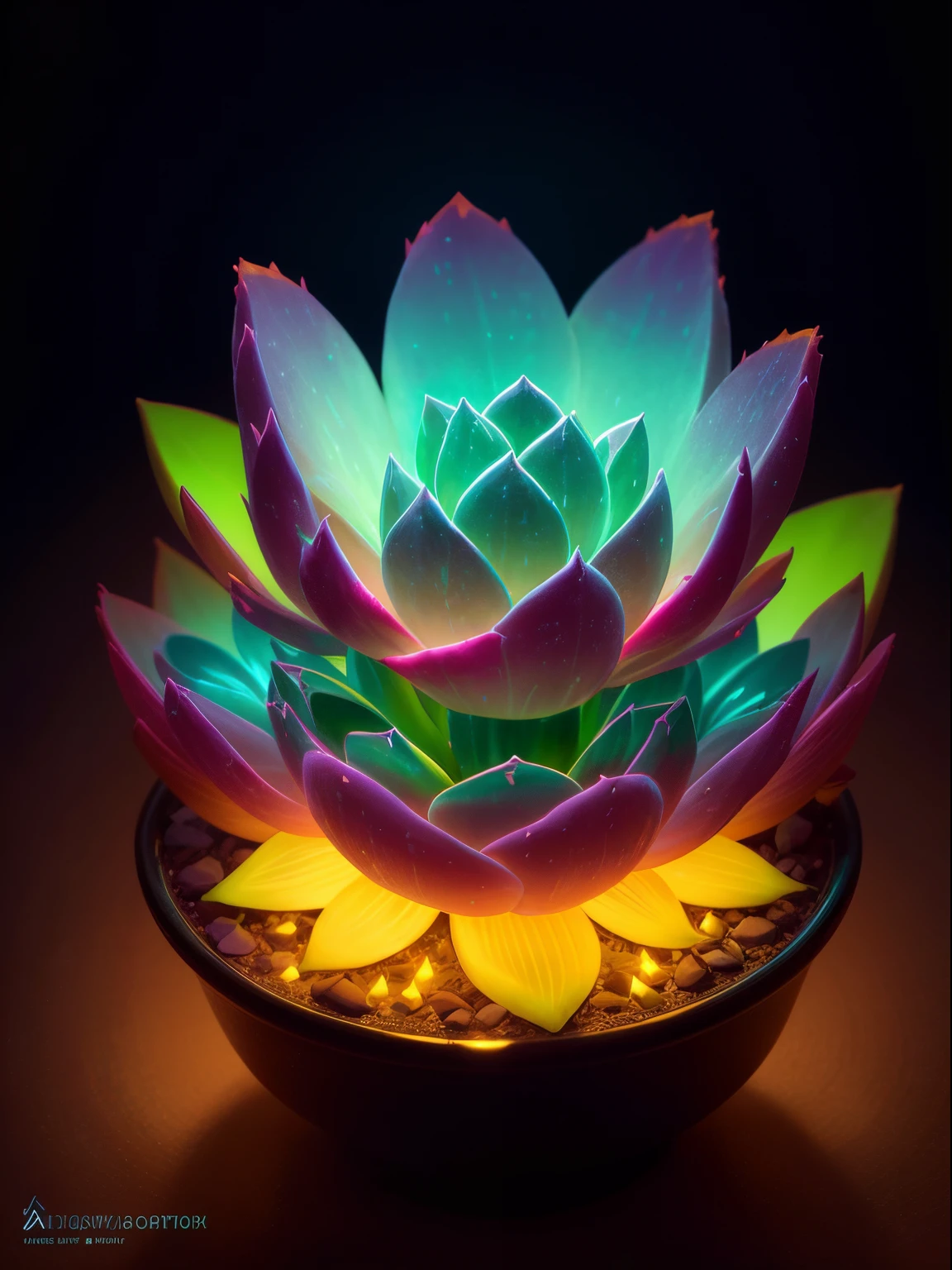 Glow in the dark succulents，glowing succulents，glowing succulent flowers，colorful succulent flowers，glowing neon succulents，Glowing delicate succulent flowers, Ghibli-style colors, Produced by Pixar, hyper HD, tmasterpiece,super detailing, high detal, high high quality, Award-Awarded, 16k, Best quality at best