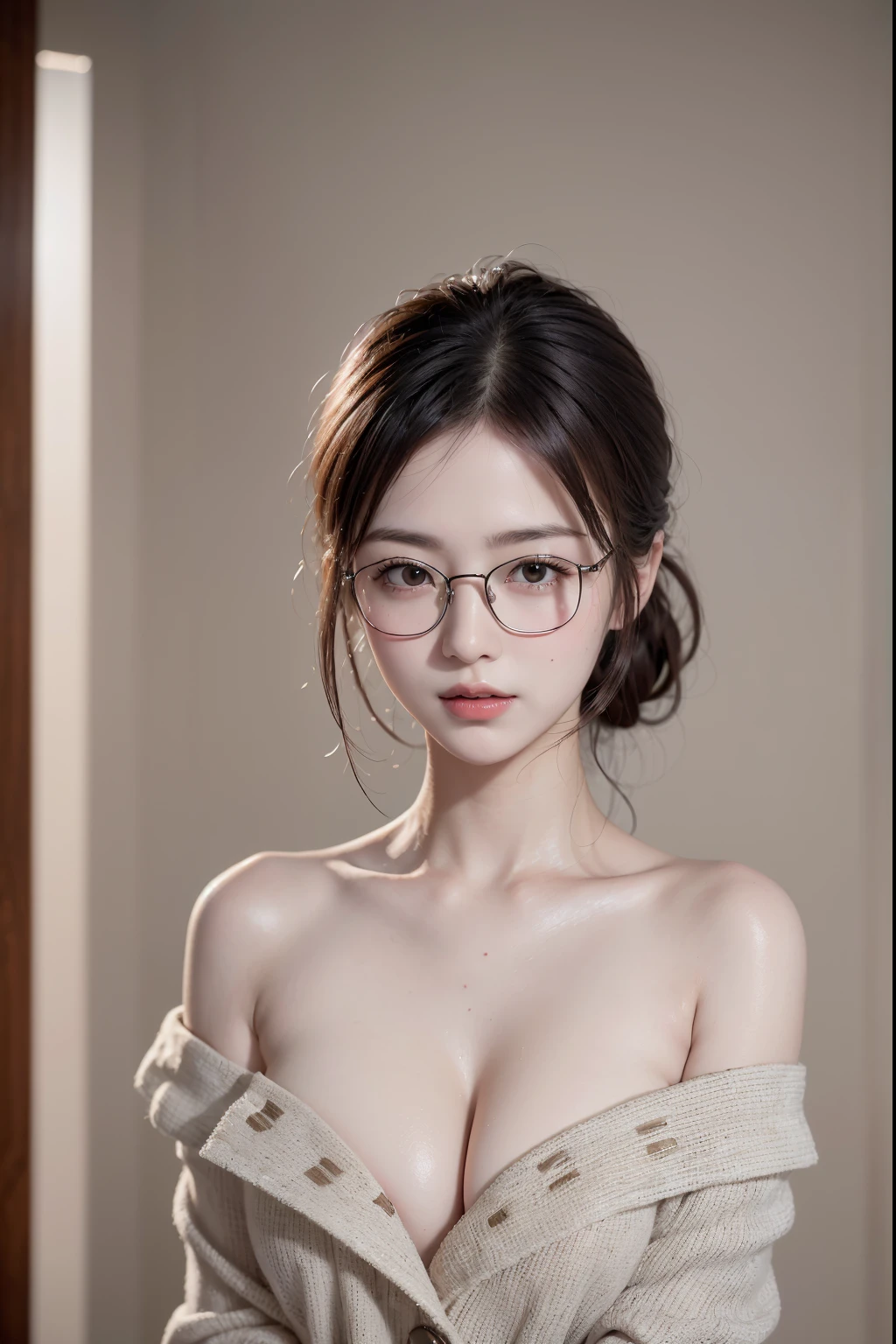 (((Medium Hair Girl:1.3, Solo))), Very pretty and beautiful Japan woman, (sexymodel), professional attire, (22 years old: 1.1), (From below:1.3), (low angles:1.3), (Ground Level Shots:1.3), ((girl on top:1.5)), (behind arms、fit derrier、Between the legs:1.3), (Attractive random poses:1.3), (Glass-enclosed shower room:1.3), Break HA, (Bobble Ponytail:1.3), (shiny black fine hair:1.2), Small head, dark brown eyes, Beautiful eyes, Princess Eyes, Bangs, hair between eye, Short hair:1.3, curby, Abs, Perfect Abs, (Medium Large Breast:1.5, drooping chest:1.5, disproportionate-breasted:1.5), (thin waist: 1.15, Abs:0.95), (Detailed beautiful girl: 1.4), Parted lips, Red lips, Full Makeup Face, (Shiny skin), ((Perfect female body)), (Upper body image:1.3), Perfect Anatomy, Perfect proportions, (The faces of the most beautiful Korean actresses:1.3, Very cute and beautiful Japan actress face:1.3, Seductive light smile, Happy, BREAK, (Bare shoulder, Chest squeezed together, View Viewer, (Elegant off-shoulder dress with attention to detail:1.3), detailed  clothes, BREAK, (Simple shower room background:1.2, taking shower, Soap Bottle), (Dark background), (Studio Soft Lighting: 1.3), (Fake Lite: 1.3), (Backlight: 1.3), BREAK, (Realistic, Photorealistic: 1.37), (masutepiece, Best Quality: 1.2), (Ultra High Resolution: 1.2), (Raw photo: 1.2), (Sharp Focus: 1.3), (Face Focus: 1.2), (Ultra detailed CG unified 8k wallpaper: 1.2), (Beautiful skin: 1.2), (pale skin: 1.3), (hyper-sharp focus: 1.5), (Ultra Sharp Focus: 1.5), (Beautiful pretty face: 1.3), (hyper detailed background, Detail Background: 1.3), hyper realistic photography, Hyper Sharp Image, Hyper Detail Image,(((Small square glasses)))、((Oily skin:1.2))