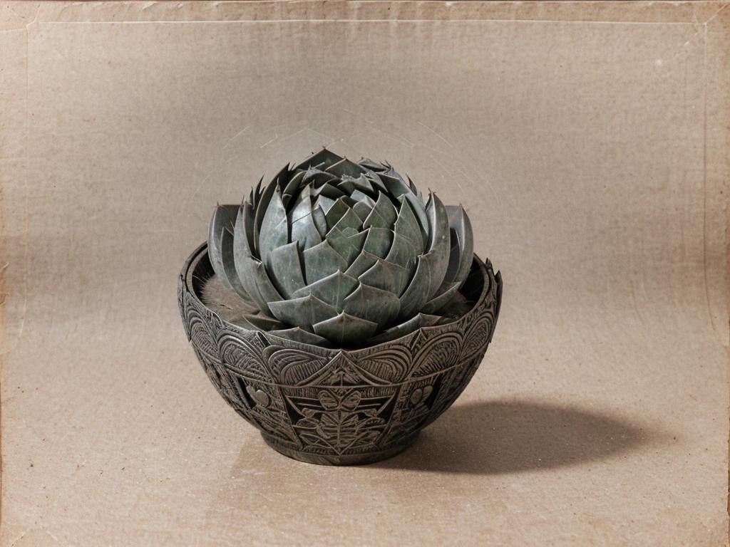 antique engraving of a succulent, Old, 9th century era, Calm tones, x-ray, Kraft Paper, graphite, 3d