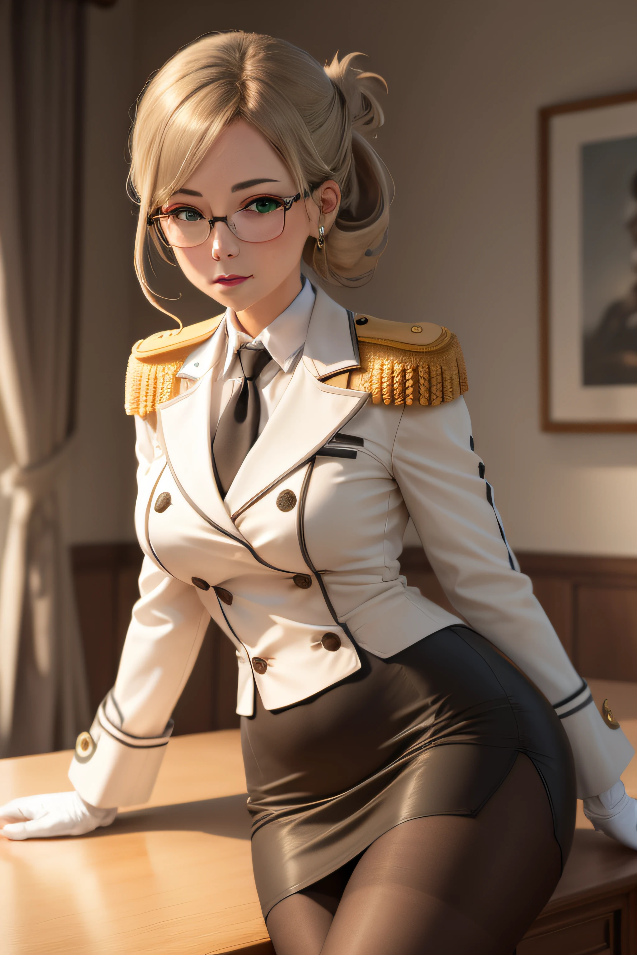 (masterpiece, best quality:1.2),illustration,8k,hd,1girl,solo,upper body,portrait,katori \(kancolle\),light brown hair,folded ponytail,parted bangs,green eyes,glasses,rimless eyewear,military uniform,white jacket,epaulettes,black necktie,white gloves,grey skirt,miniskirt,pencil skirt,black pantyhose,