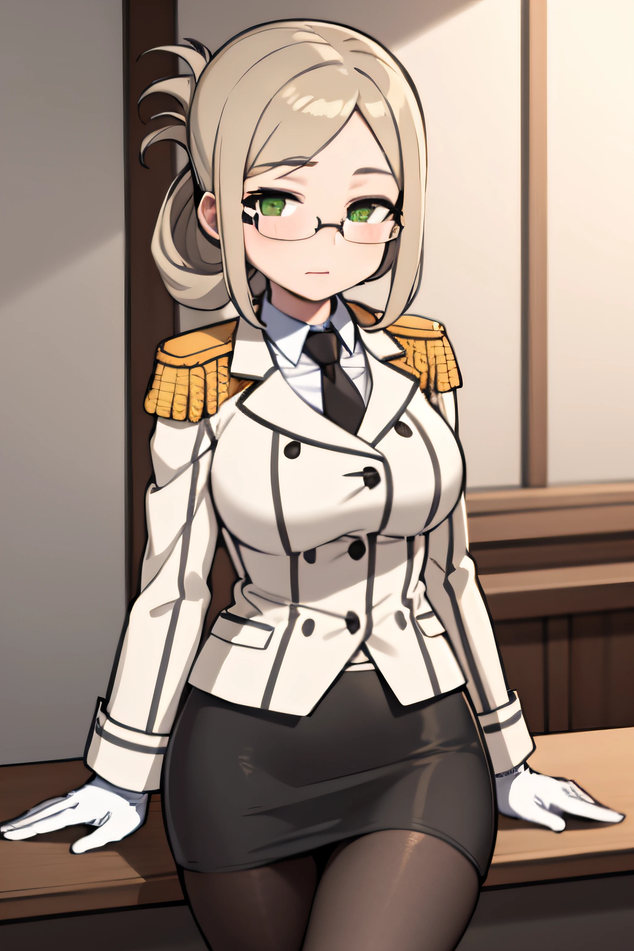 (masterpiece, best quality:1.2),illustration,8k,hd,1girl,solo,upper body,portrait,katori \(kancolle\),light brown hair,folded ponytail,parted bangs,green eyes,glasses,rimless eyewear,military uniform,white jacket,epaulettes,black necktie,white gloves,grey skirt,miniskirt,pencil skirt,black pantyhose,