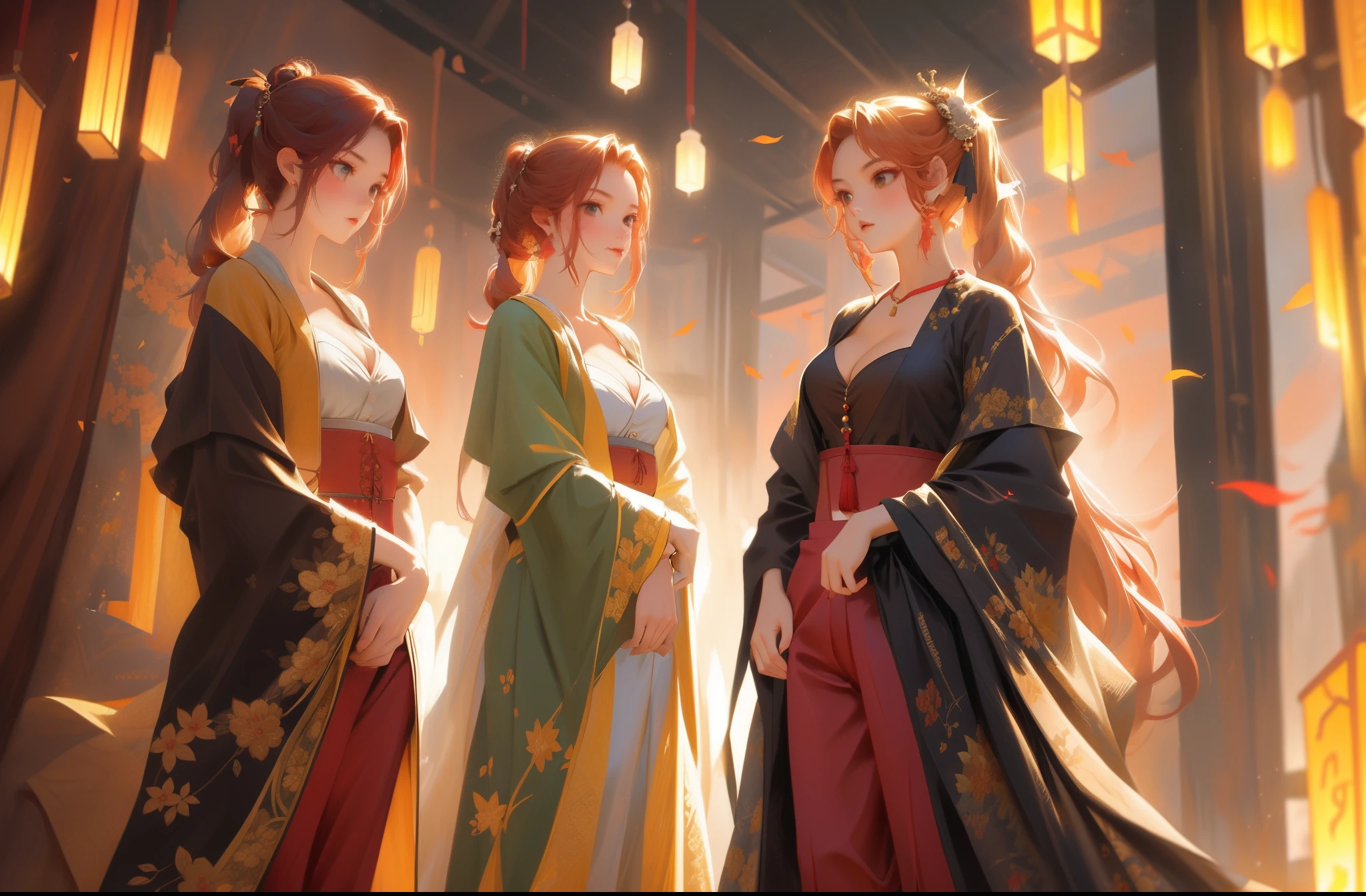 wuxia, girl,tmasterpiece, Best quality at best, ultra - detailed, realistically, lamplight,beautidful eyes, dress room, Close-up cleavage, (breasts focus), (squatt:1.2), (from below:1.1), legs are open, red blonde, pony tails, mediuml breasts, (Protruding cleavage:1.3), cropped shoulders:1.1), shorter pants, Crop top