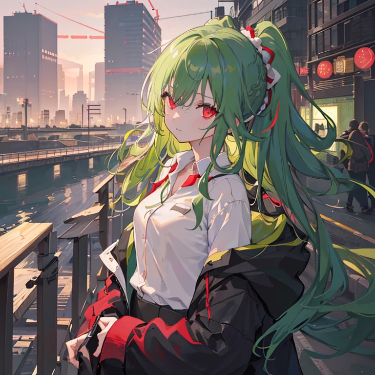 1girl in, 独奏, Lori, 小柄,(Night_skyporn), (very_long_Green_hair), Braids, (Red_Eyes), Medium_breasts, (white_Shirt:1.5), (windbreaker), (portlate), blazing_Eyes, Background_light, (Cityscape:1.5), (neons_A light:1.2), (scienc), cyberpunked, ((masterpiece)), (Hi-Res), (best_quality), (highly_Detailed), (Original),(Delicate background),(Very detailed 8k wallpaper),cinematlic lighting, Volume Lighting, light Particle, Shaded_Face, Beautiful_Detailed_Eyes, Depth_In the_field、point of view、