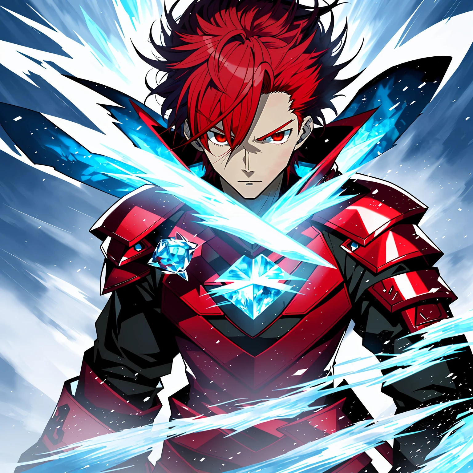 red eyes in snow scene,Red hair anime character, Ice Mage,Tall anime characters,red eyes, freezing blue skin, Key anime art, male anime characters, ice crystal armor, Detailed key animation art, Magic Knight complete avatar, Infrared sleeve, Possess the power of ice