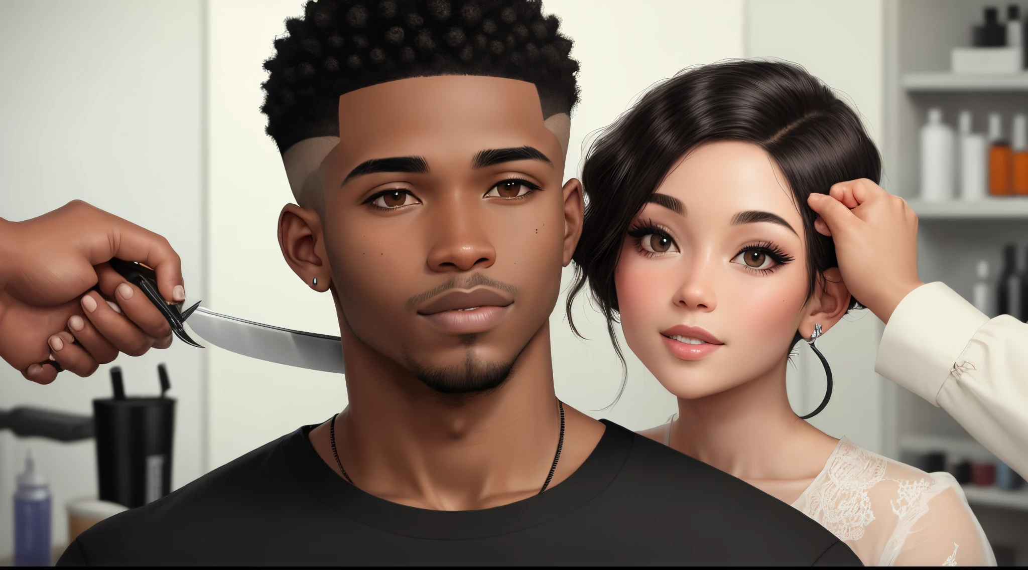 A black barber cutting a mixed race customer's hair